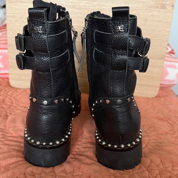 Sam Edelman Silver Studs Leather Black Zipper Combat Boots - Picture 4 of 12